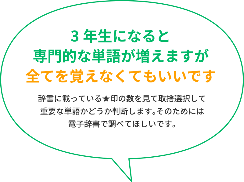 「3年生になると専門的な単語が増えますが全てを覚えなくてもいいです」辞書に載っている★印の数を見て取捨選択して重要な単語かどうか判断します。そのためには電子辞書で調べてほしいです。