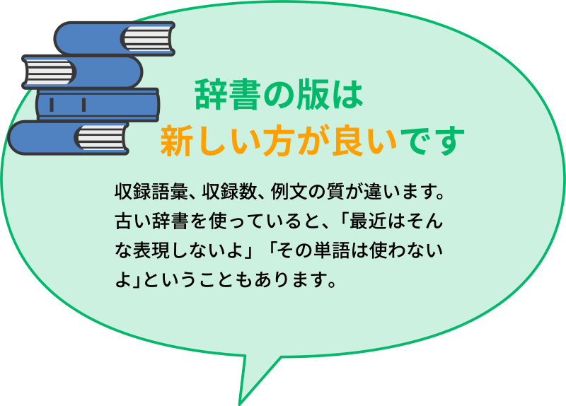 「辞書の版は新しい方が良いです」収録語彙、収録数、例文の質が違います。古い辞書を使っていると、「最近はそんな表現しないよ」「その単語は使わないよ」ということもあります。