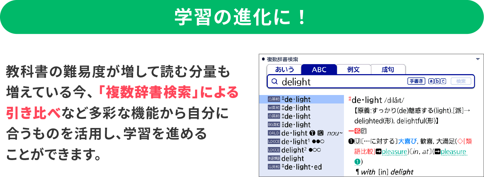 ＜学習の進化に！＞教科書の難易度が増して読む分量も増えている今、 「複数辞書検索」による引き比べなど多彩な機能から自分に合うものを活用し、学習を進めることができます。