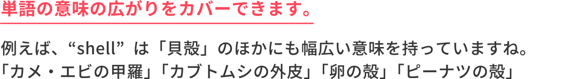 ＜単語の意味の広がりをカバーできます。＞例えば、“shell”は「貝殻」のほかにも幅広い意味を持っていますね。「カメ・エビの甲羅」「カブトムシの外皮」「卵の殻」「ピーナツの殻」