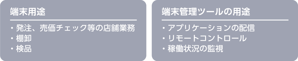 端末⽤途：・発注、売価チェック等の店舗業務・棚卸・検品　端末管理ツールの⽤途：・アプリケーションの配信・リモートコントロール・稼働状況の監視