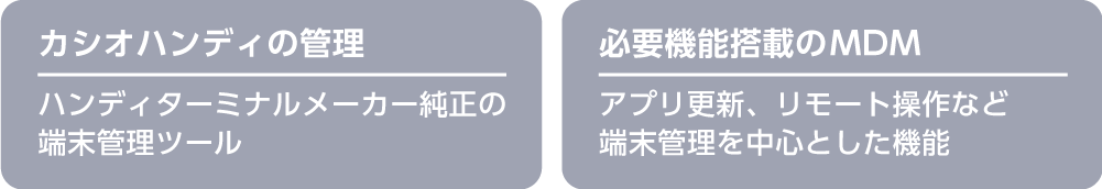 カシオハンディの管理：ハンディターミナルメーカー純正の端末管理ツール　必要機能搭載のMDM：アプリ更新、リモート操作など端末管理を中⼼とした機能