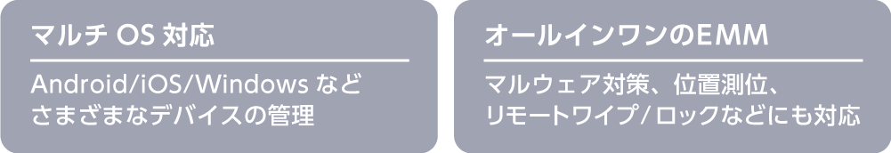 マルチOS対応：Android/iOS/Windowsなどさまざまなデバイスの管理　オールインワンのEMM：マルウェア対策、位置測位、リモートワイプ/ロックなどにも対応