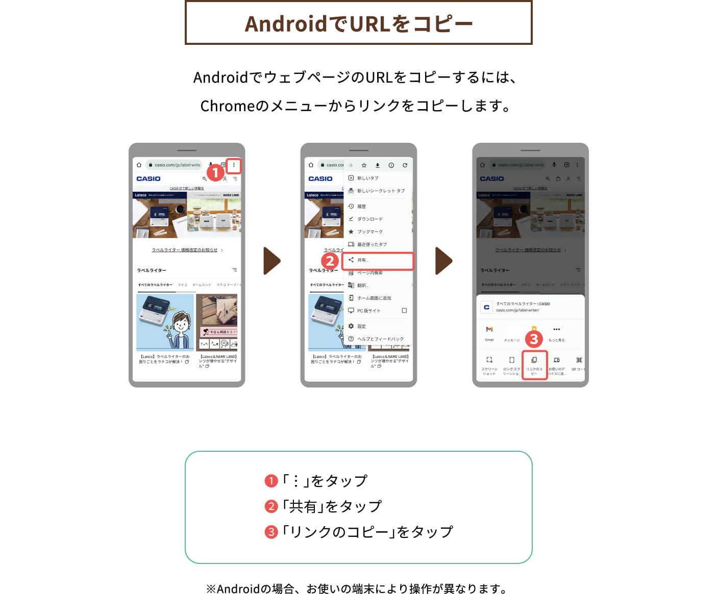 【AndroidでURLをコピー】AndroidでウェブページのURLをコピーするには、Chromeのメニューからリンクをコピーします。❶（メニューボタン）をタップ❷「共有」をタップ❸「リンクのコピー」をタップ※Androidの場合、お使いの端末により操作が異なります。