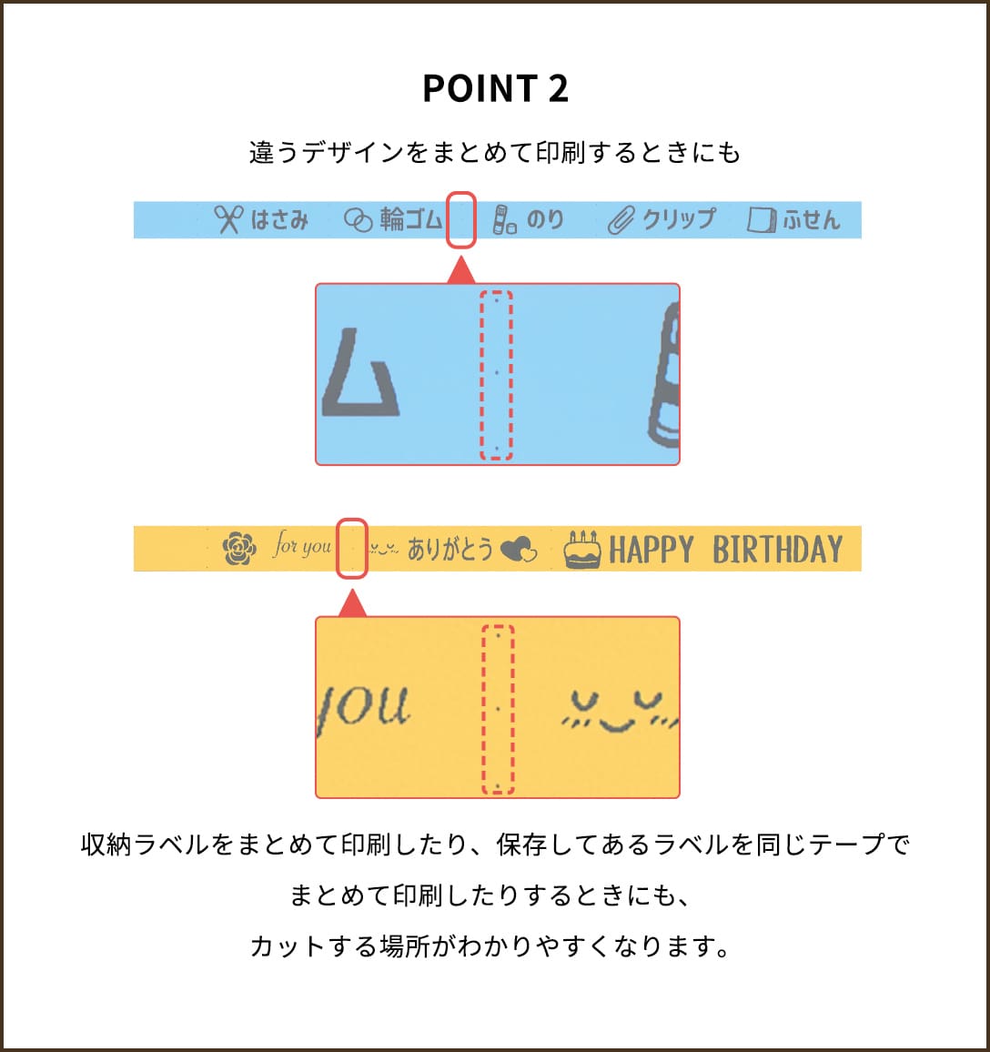 POINT２【違うデザインをまとめて印刷するときにも】収納ラベルをまとめて印刷したり、保存してあるラベルを同じテープでまとめて印刷したりするときにも、カットする場所がわかりやすくなります。