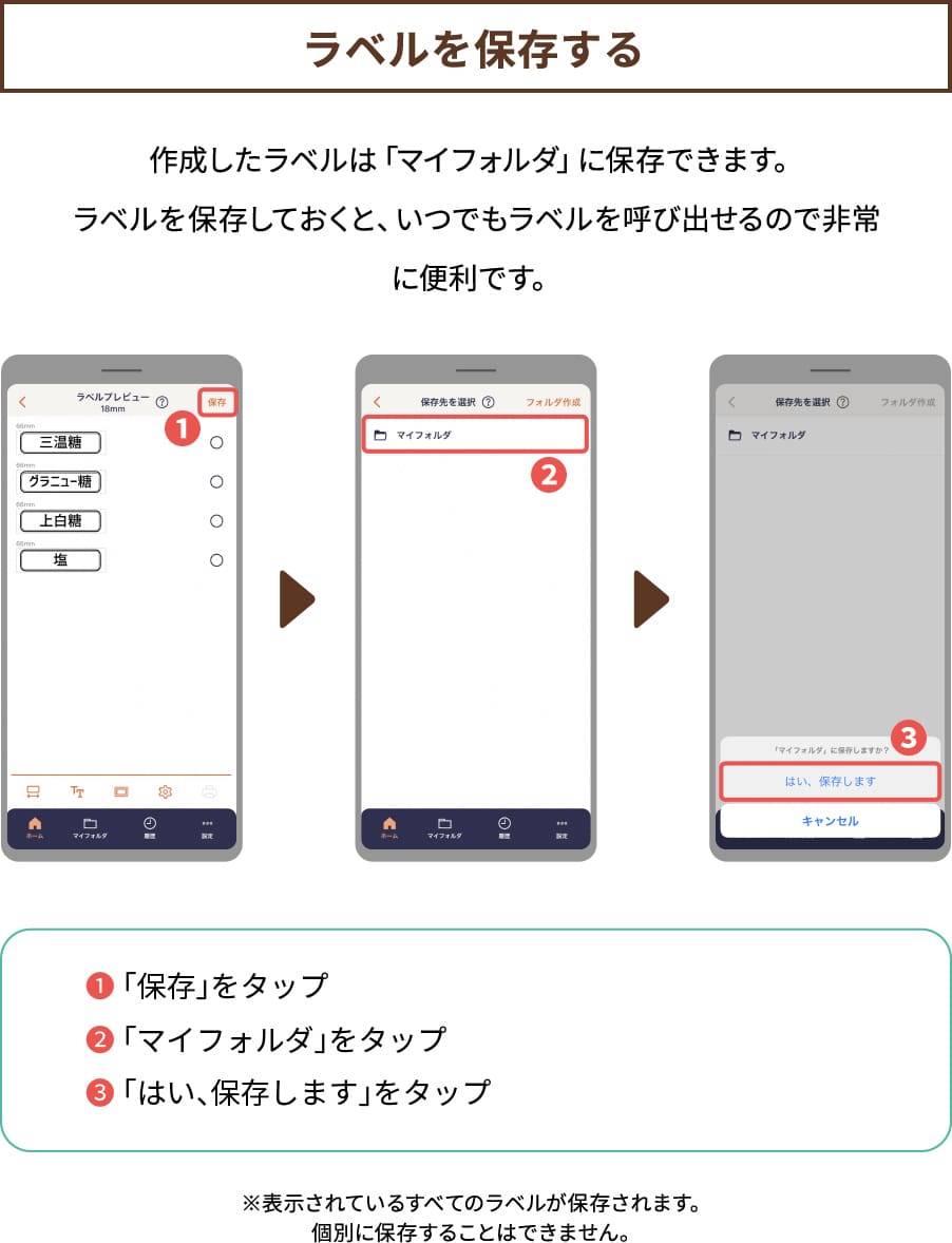 【ラベルを保存する】作成したラベルは「マイフォルダ」に保存できます。ラベルを保存しておくと、いつでもラベルを呼び出せるので非常に便利です。❶「保存」をタップ❷「マイフォルダ」をタップ❸「はい、保存します」をタップ※表示されているすべてのラベルが保存されます。個別に保存することはできません。
