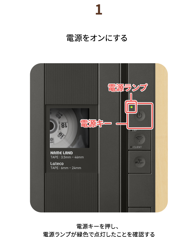 １.電源をオンにする　電源キーを押し、電源ランプが緑色で点灯したことを確認する
