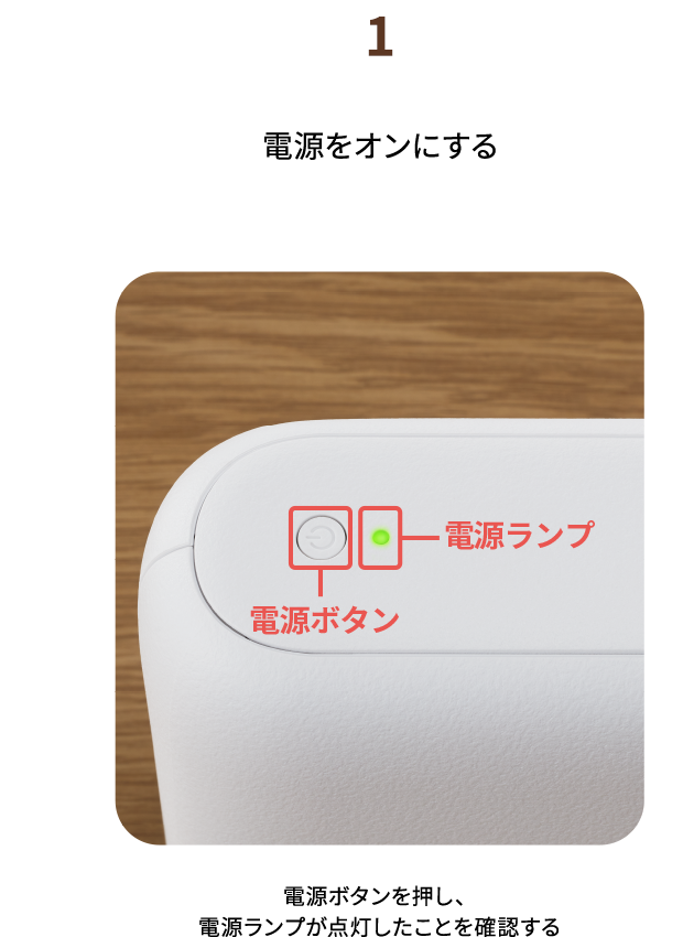 １.電源をオンにする　電源ボタンを押し、電源ランプが点灯したことを確認する