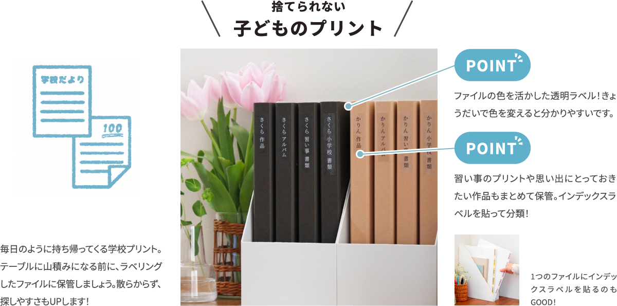 捨てられない子どものプリント　毎日のように持ち帰ってくる学校プリント。 テーブルに山積みになる前に、ラベリングしたファイルに保管しましょう。散らからず、 探しやすさもUPします！　ファイルの色を活かした透明ラベル！きょ うだいで色を変えると分かりやすいです。　習い事のプリントや思い出にとっておき たい作品もまとめて保管。インデックスラ ベルを貼って分類！　1つのファイルにインデックスラベルを貼るのも GOOD！