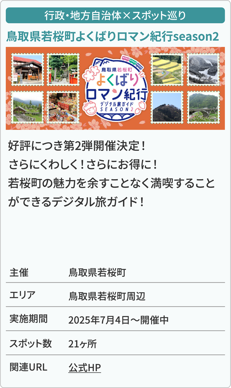 行政・地方自治体×スポット巡り 鳥取県若桜町よくばりロマン紀行season2 好評につき第2弾開催決定！さらにくわしく！さらにお得に！若桜町の魅力を余すことなく満喫することができるデジタル旅ガイド！ 主催鳥取県若桜町 エリア鳥取県若桜町周辺 実施期間2025年7月4日～開催中 スポット数21ヶ所 関連URL公式HP