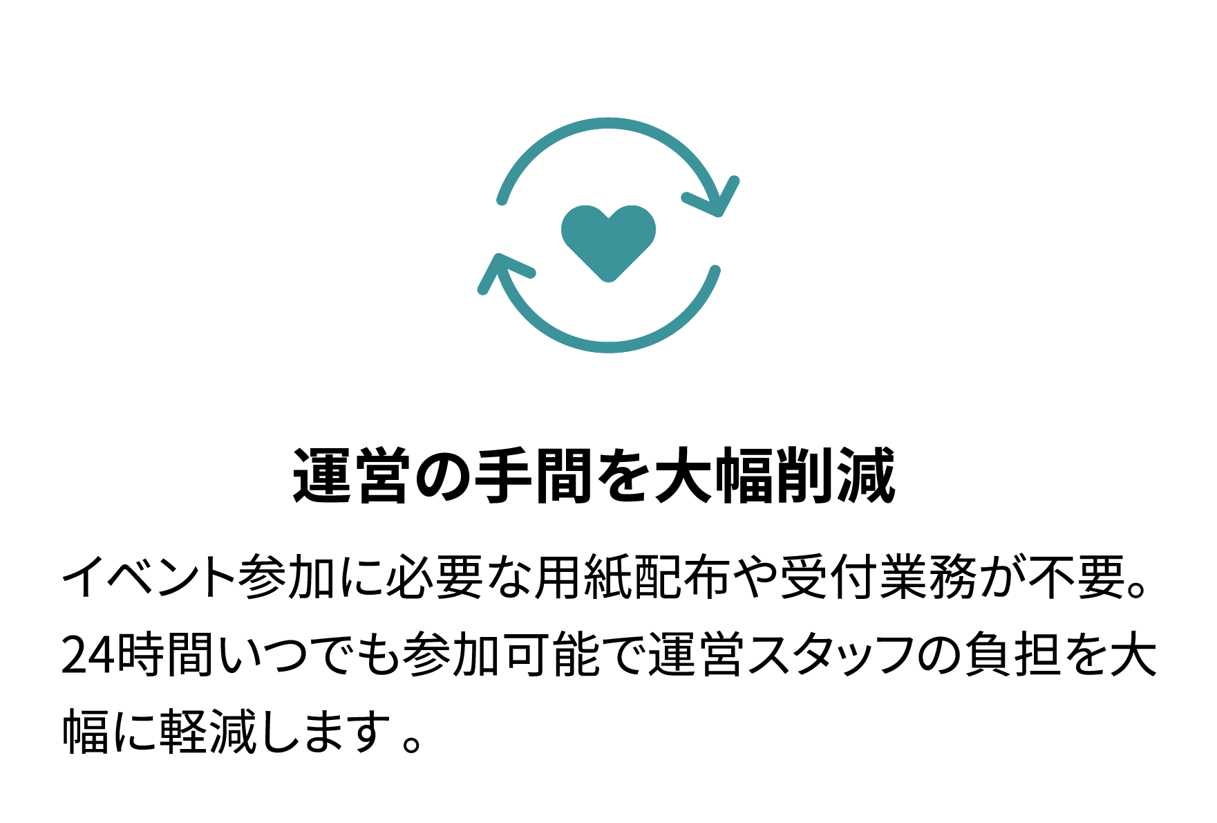運営の手間を大幅削減 イベント参加に必要な用紙配布や受付業務が不要。24時間いつでも参加可能で運営スタッフの負担を大幅に軽減します。