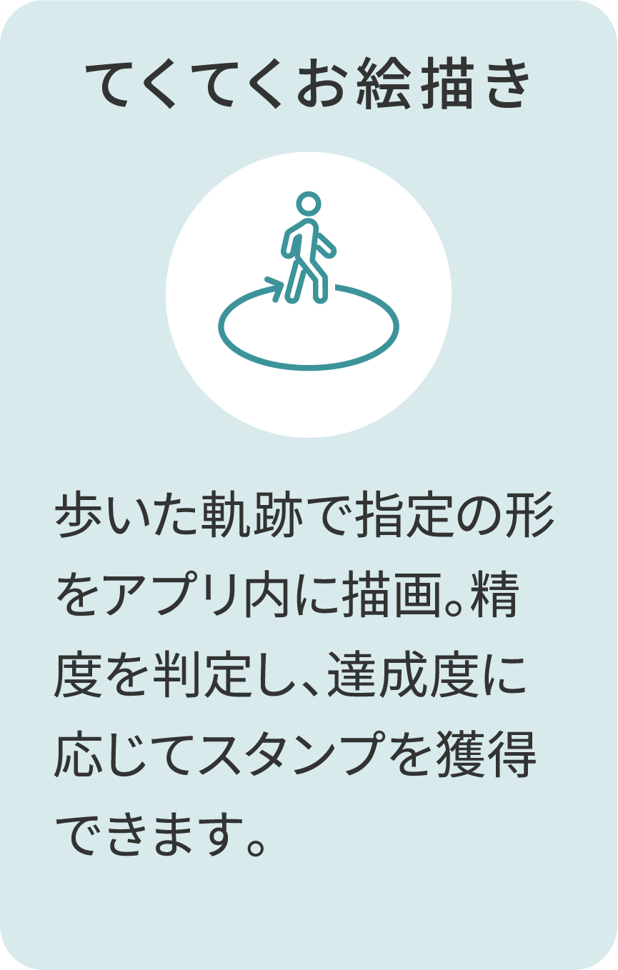 てくてくお絵描き 歩いた軌跡で指定の形をアプリ内に描画。精度を判定し、達成度に応じてスタンプを獲得できます。