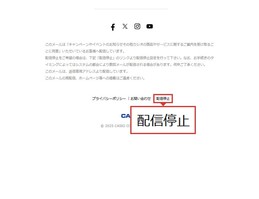 CASIO ID会員向けニュースレターの最下部にある「配信停止」を選択した場合、「手順3」でチェックが入っていても、ニュースレターや誕生日クーポンは配信されません。 再配信をご希望の場合は、こちらよりお問い合わせください。