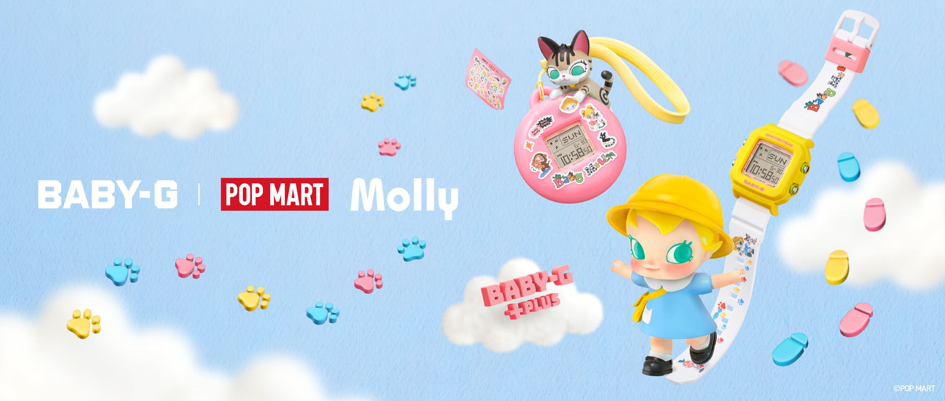 CASIO BABY-G×POP MART (BGD-10KPM-7) メインビジュアル。コラボ腕時計、チャームホルダーが描かれたポップなキービジュアル。