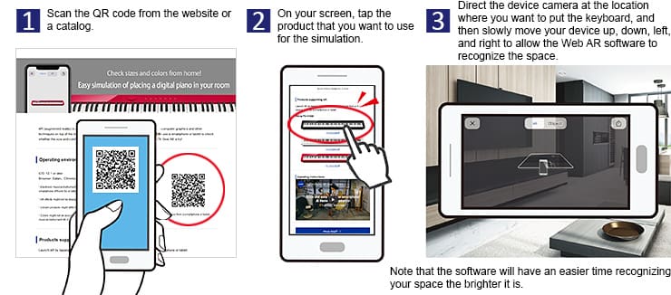 Escanee el código QR y seleccione el producto para la simulación. Luego, dirija y mueva la cámara del dispositivo en la ubicación donde desea colocar el producto.