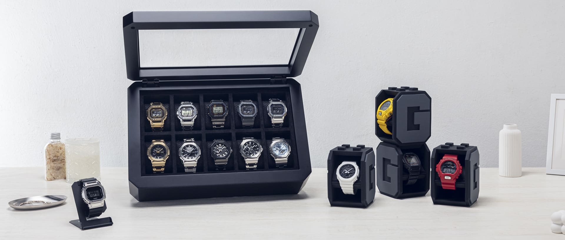 G-SHOCK in a Deluxe Display case and Stacking Watch Stands