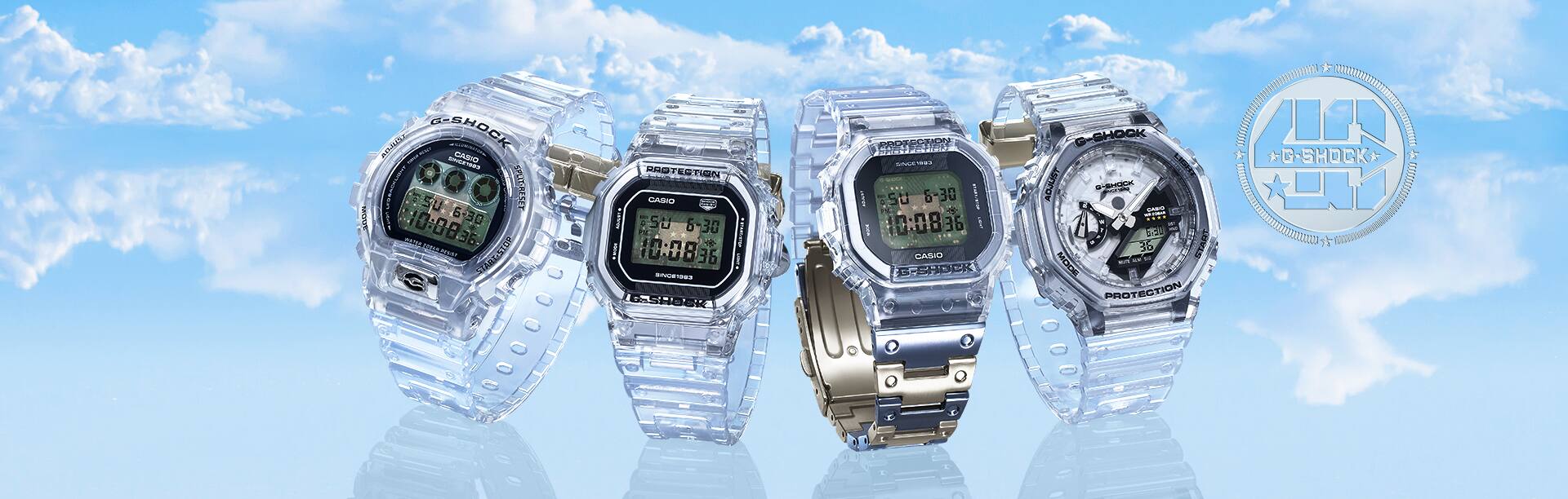 G-SHOCK 40th Anniversary Clear Remix 3 analog and 1 analog digital watch line up