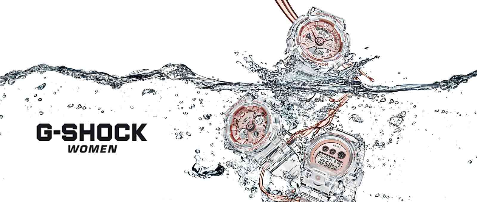 G-SHOCK Women's transparent watches with water splashing banner