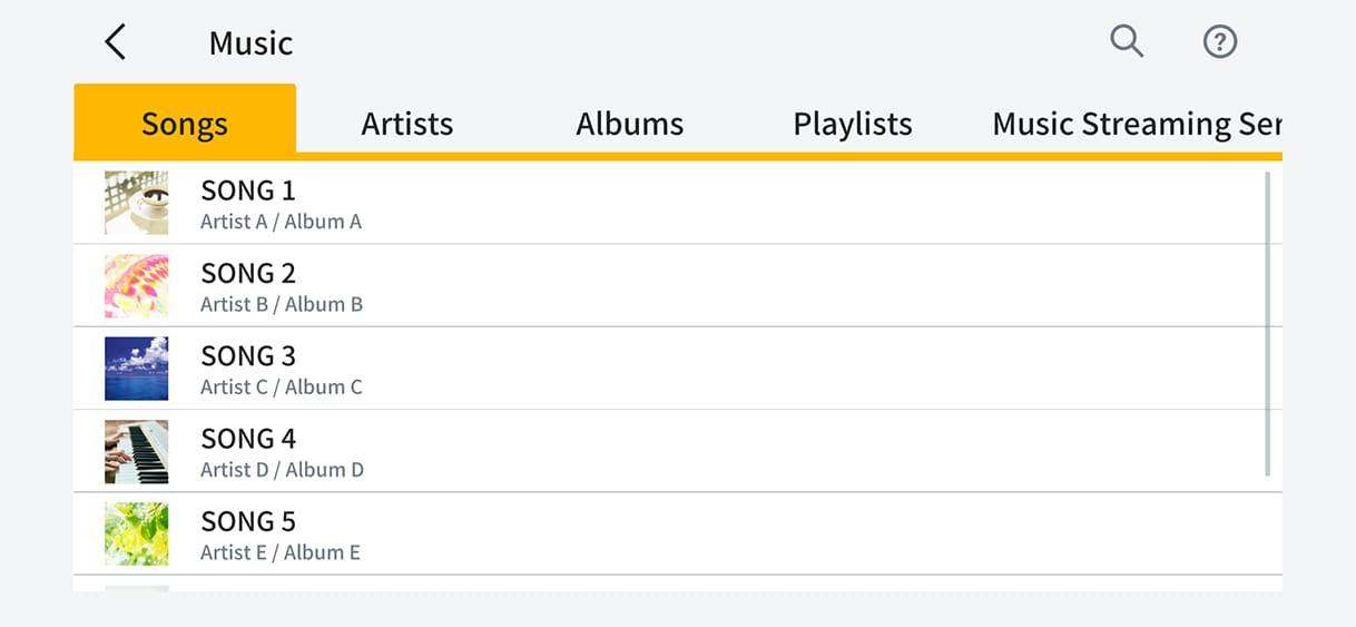 Screen image of Music Player, displaying the list of songs