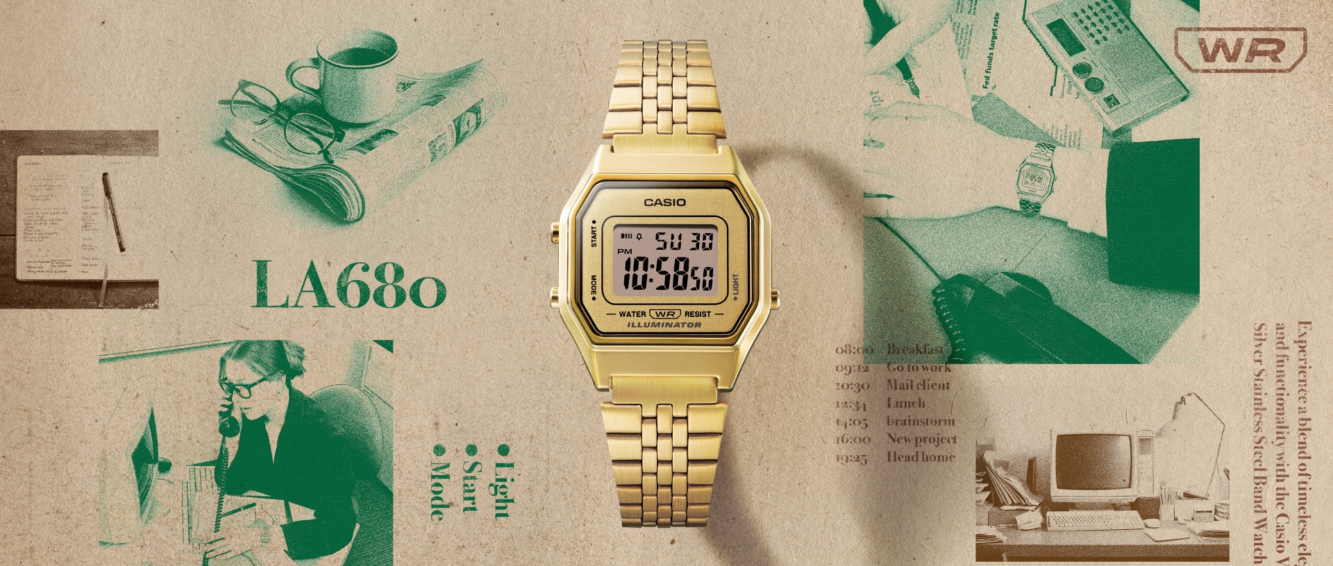 A collage of LA670 watch, work and fashion items.  