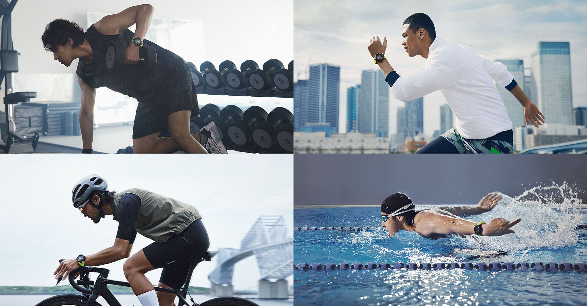 4 man who is working out, running, cycling, swiming