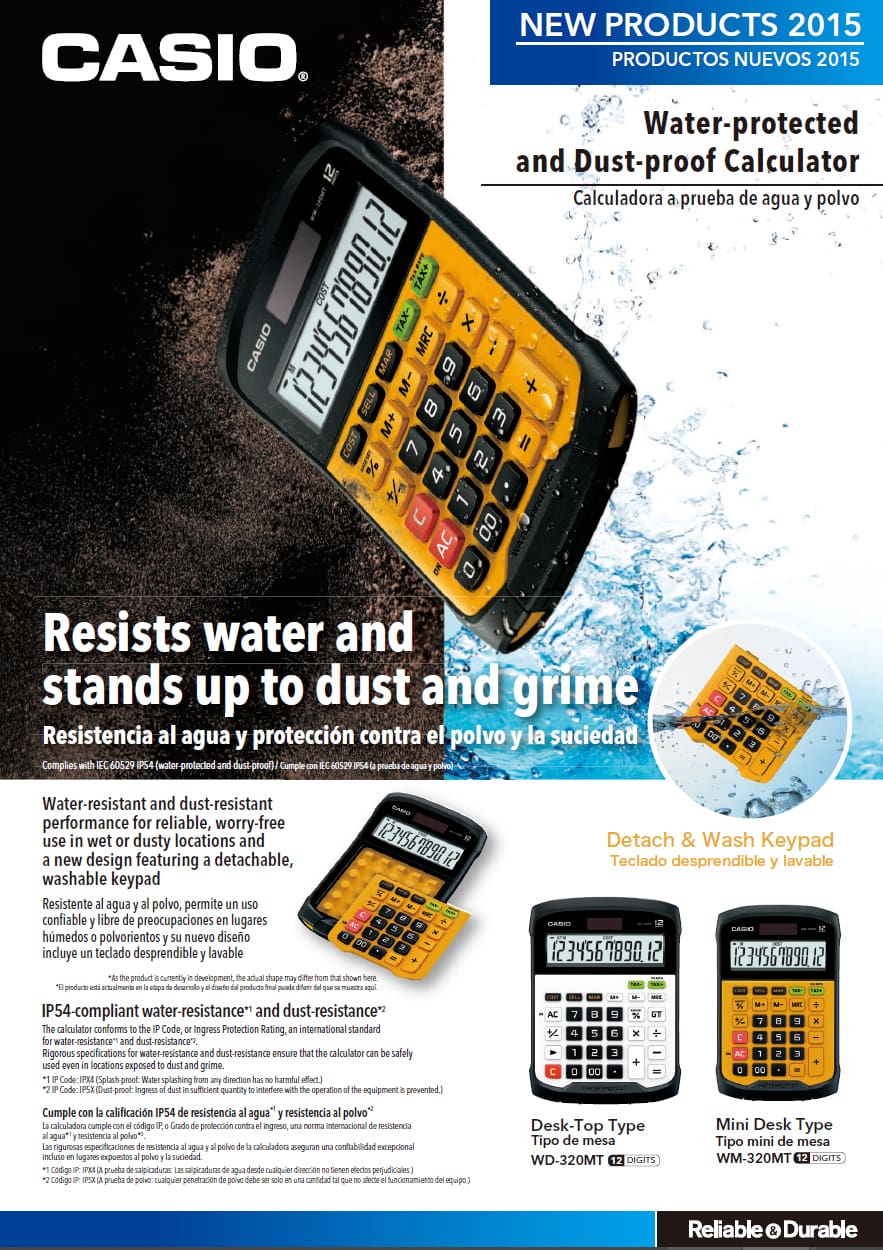 Catalogus voor waterbestendige en stofbestendige rekenmachines