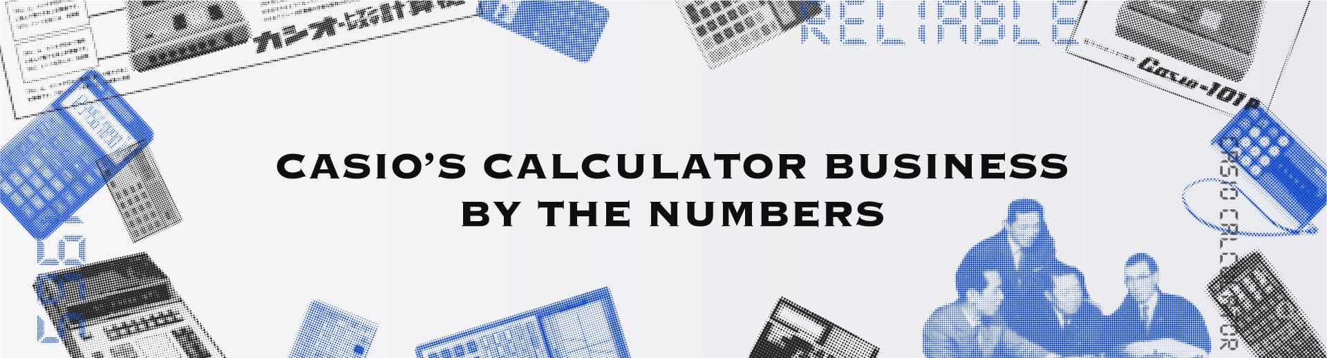 Collage met verschillende rekenmachines en zakelijke motieven met de kop: Casios's Calculator Business By The Numbers