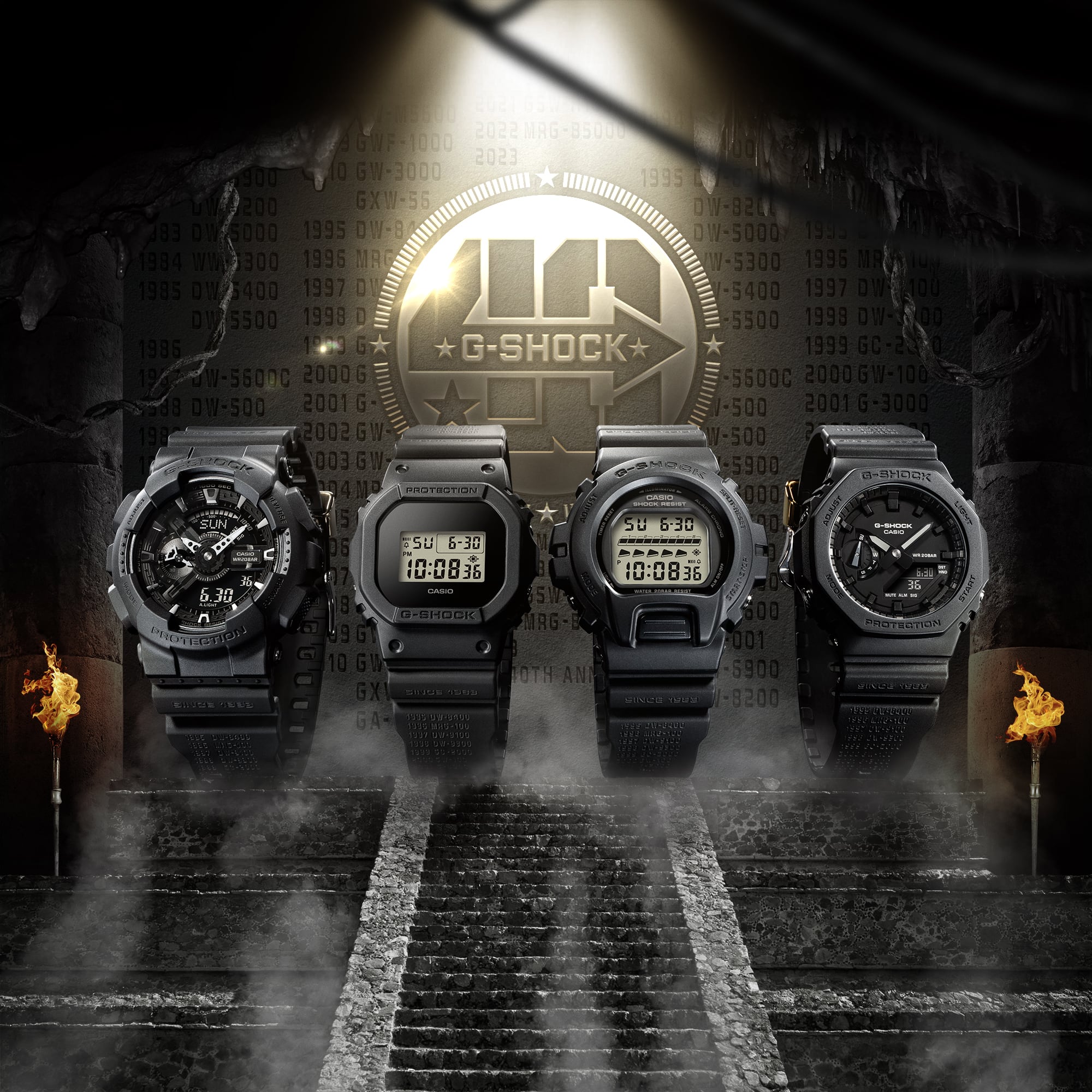 Vier zwarte horloges uit de Remaster-serie, met het 40-jarig jubileumlogo van G-Shock