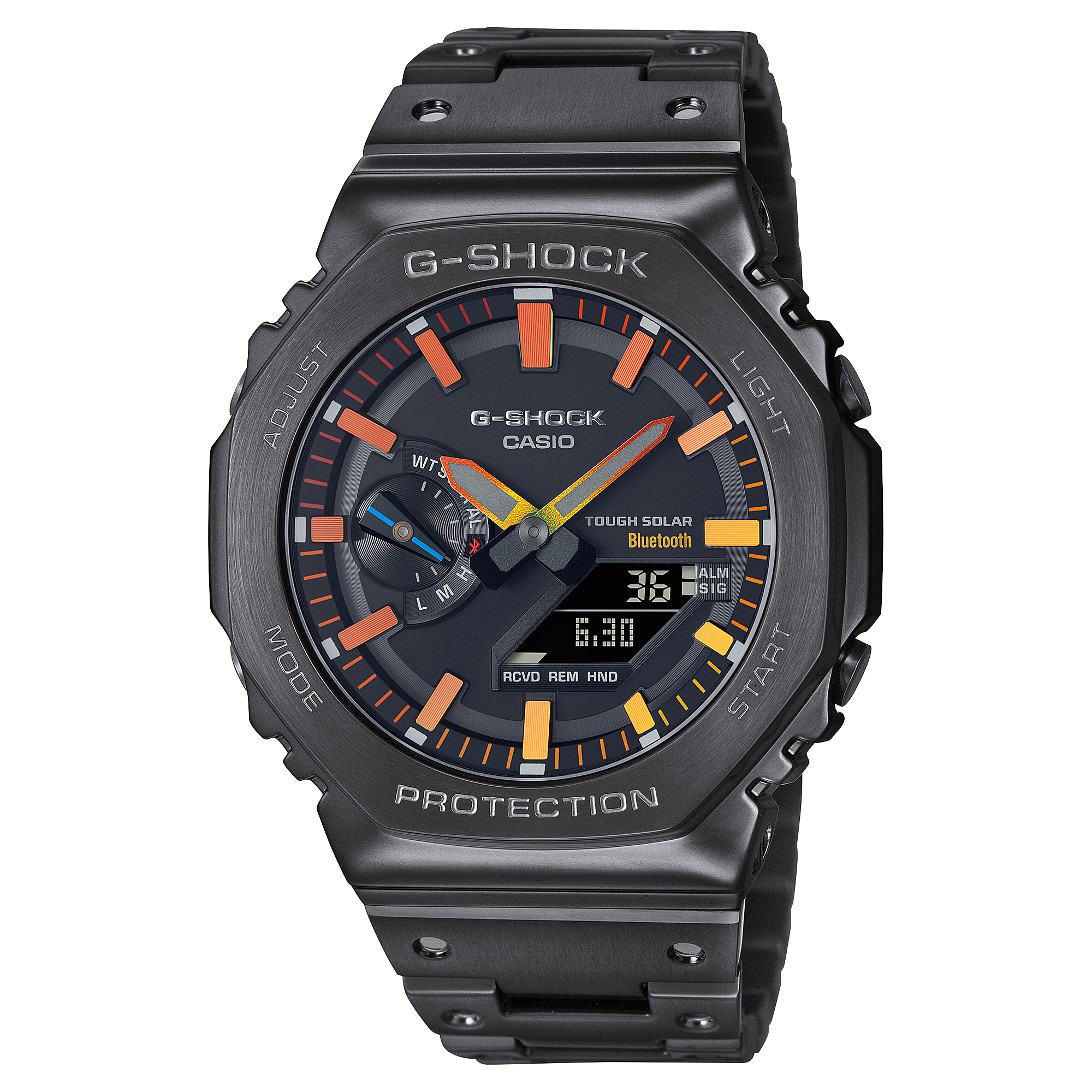 G-Shock GM-B2100BPC horloge met zwarte band en rode en gele lichtgevende cijfers