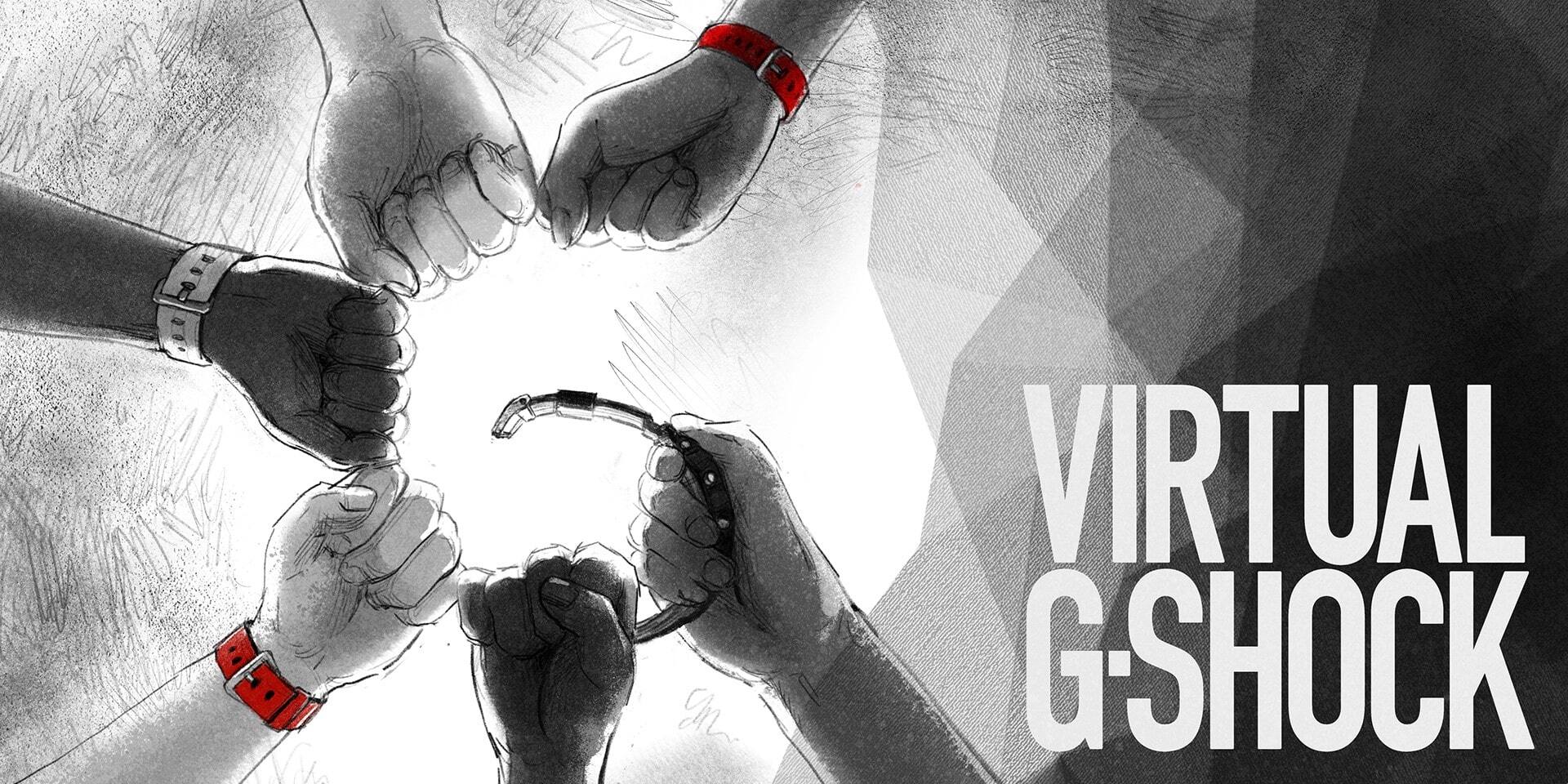 In vuisten gebalde handen met G-SHOCK-horloges om de polsen voor een abstracte zwart-witte achtergrond. Rechts staat het opschrift "Virtual G-SHOCK".