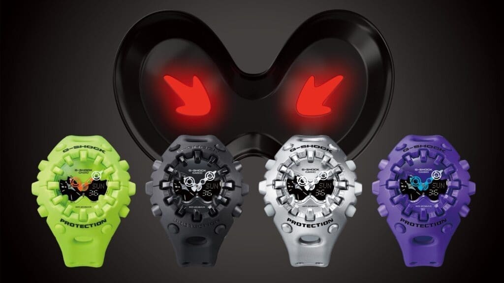 De vier kleurvarianten van de G-Shock GA-V01: neongeel, zwart, zilver en paars. De afbeelding linkt naar de productpagina voor de zwarte GA-V01-1A.