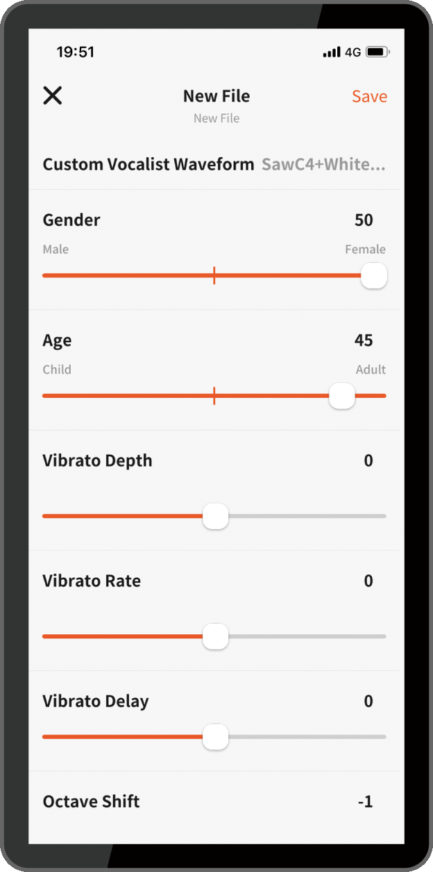 Custom vocalist waveform binnen de CASIO Lyric Creator app op de smartphone