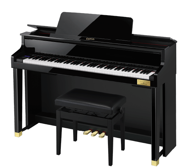 De zwarte CELVIANO GP-510BP digitale piano met een zwarte kruk ervoor