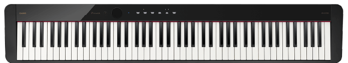 De zwarte CELVIANO GP-510BP digitale piano met een zwarte kruk ervoor