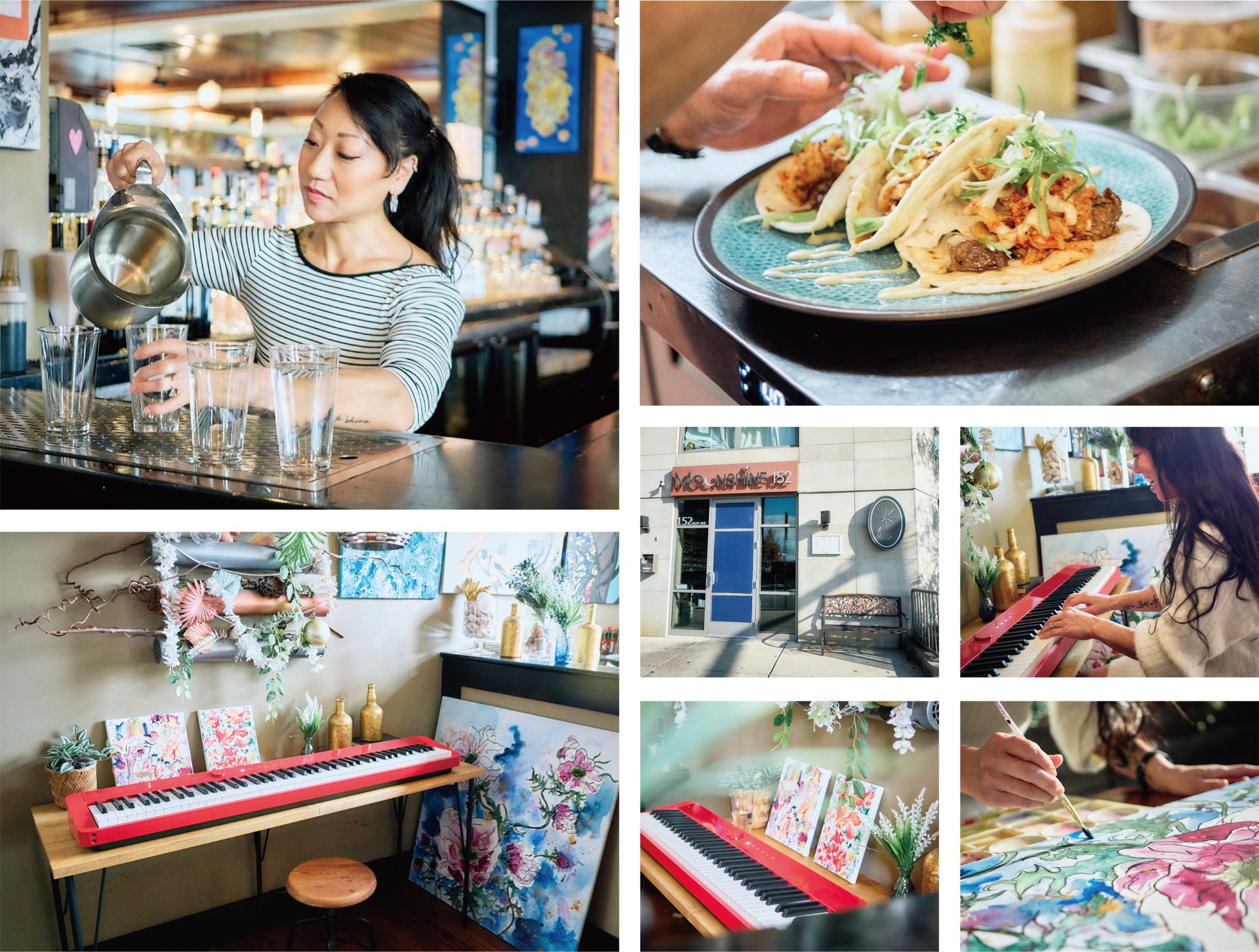Fotogalerij met lifestylefoto's uit het leven van Asia Mei, de eigenaar en chef-kok van Moonshine 152 in Boston, en haar rode Priva digitale piano