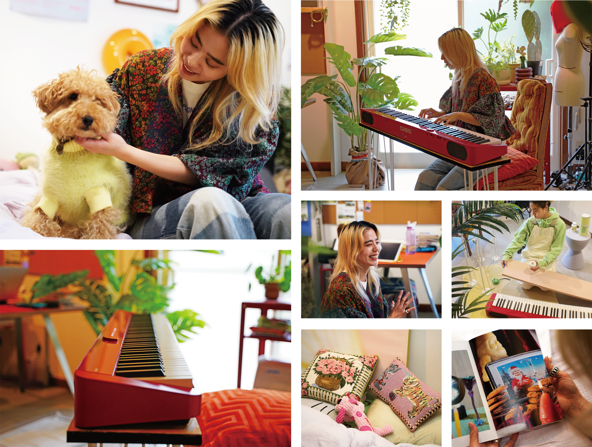 Fotogalerij met lifestylefoto's van rekwisietenverantwoordelijke Alex Hayano en haar leven met haar hond en de Privia digitale piano in Tokio