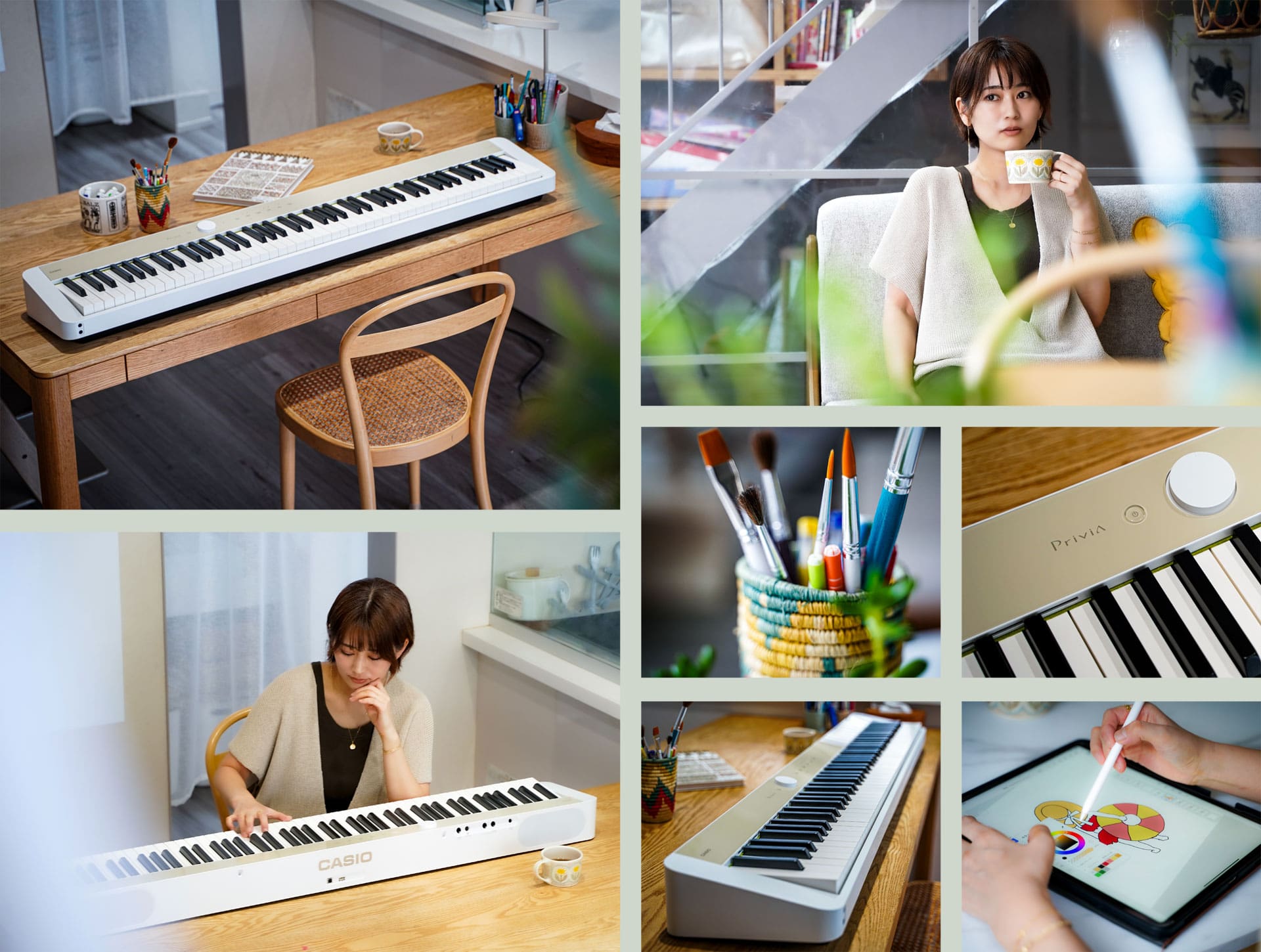 Fotogalerij met lifestylefoto's uit het leven van Yu Noguchi met haar Priva digitale piano.