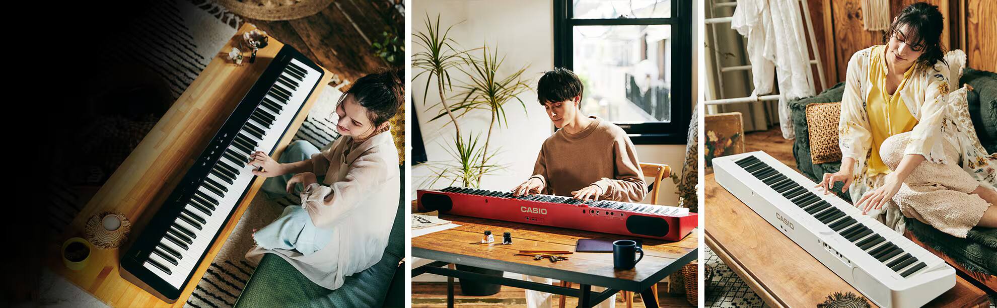 Fotogalerij met drie jonge mensen en hun Privia-keyboards.