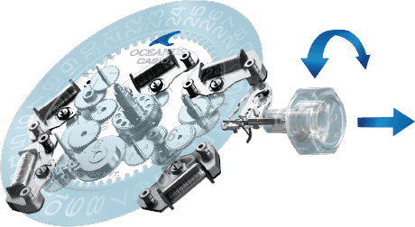 Zeigt das Innere der Uhr mit mehreren Motoren und dem elektronischen Kronenschalter