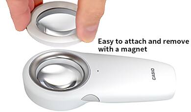Iemand houdt de conversielens boven de dermatologische scope DZ-S50. Engelse tekst vult de afbeelding aan: “Easy to attach and remove with a magnet”