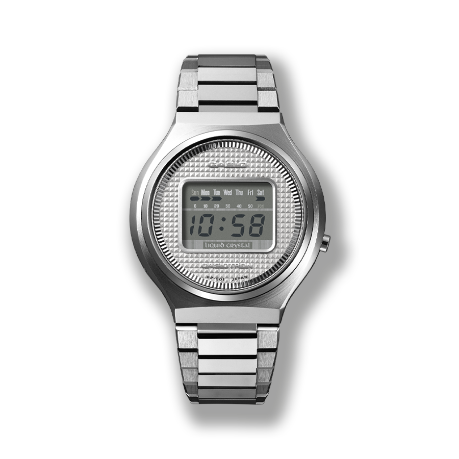 Het eerste CASIO-polshorloge met rond digitaal display en zilverkleurige armband