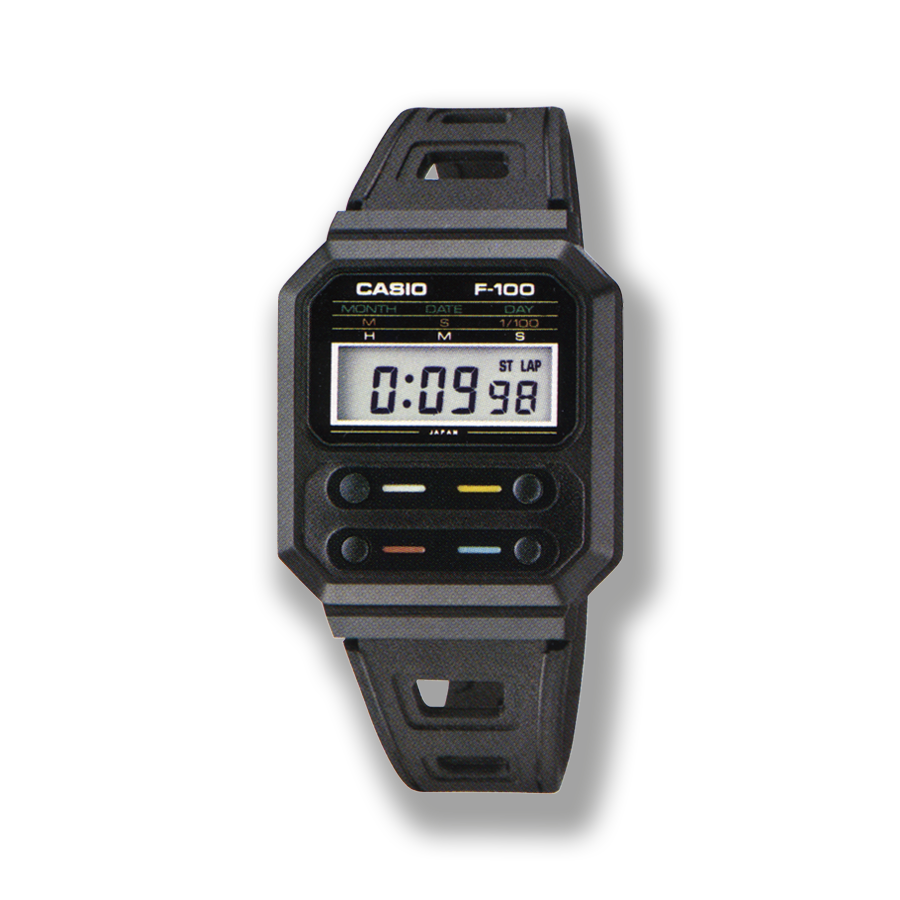 Het rechthoekige F-100 digitale horloge in zwart van CASIO met een klein tijddisplay en vier knoppen aan de voorkant