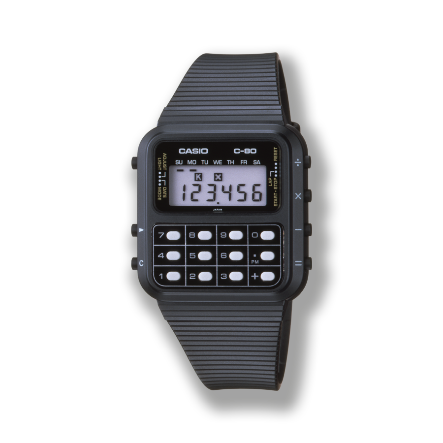 De rechthoekige rekenhorloge C-80 van CASIO in donkergrijs met 12 kleine knoppen aan de voorkant 