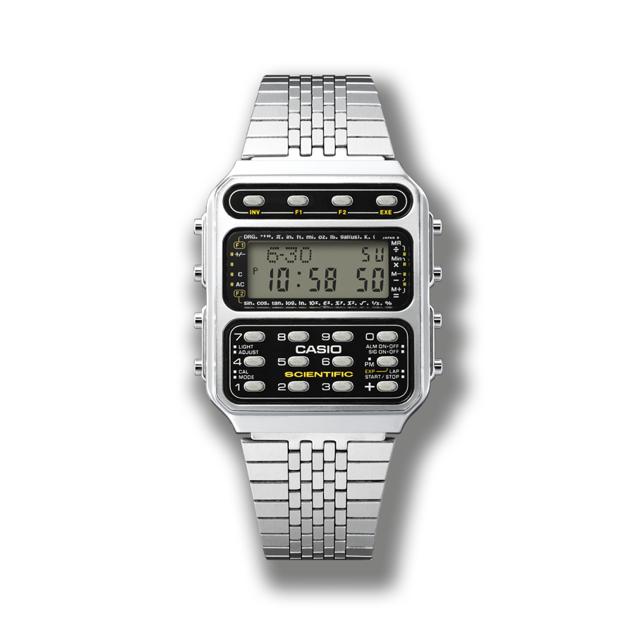 De digitale rekenmachinehorloge CFX-200 van CASIO met zilveren armband, kleine tijdsaanduiding en 12 knoppen eronder en 4 extra knoppen boven het display.