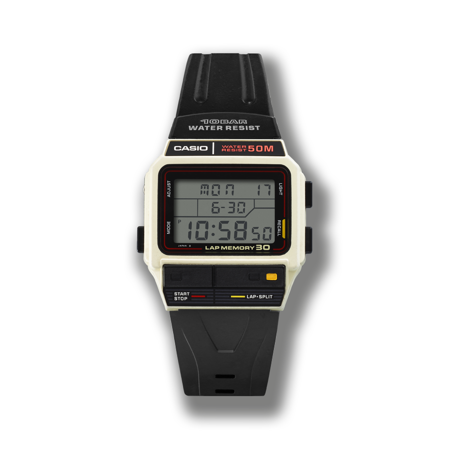 Het digitale horloge SDB-300W met zwarte kunststof band en beige, rechthoekige kast.