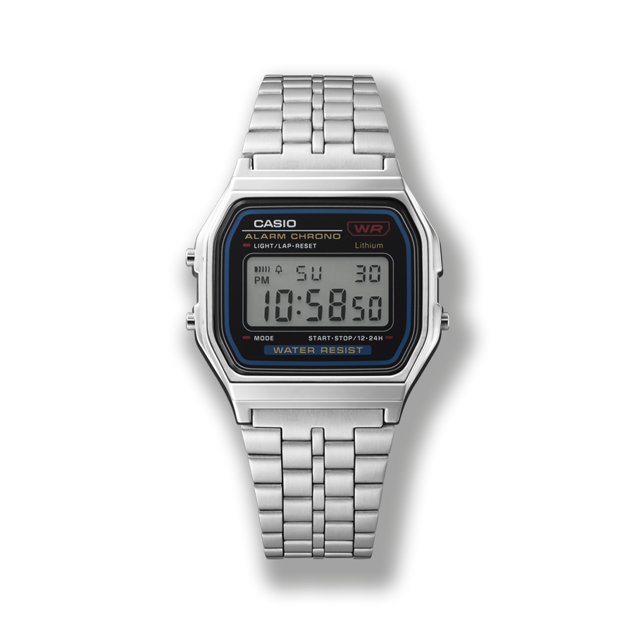 De A159W met zilverkleurige armband, rechthoekig digitaal display en knoppen aan de zijkant om de tijd in te stellen.