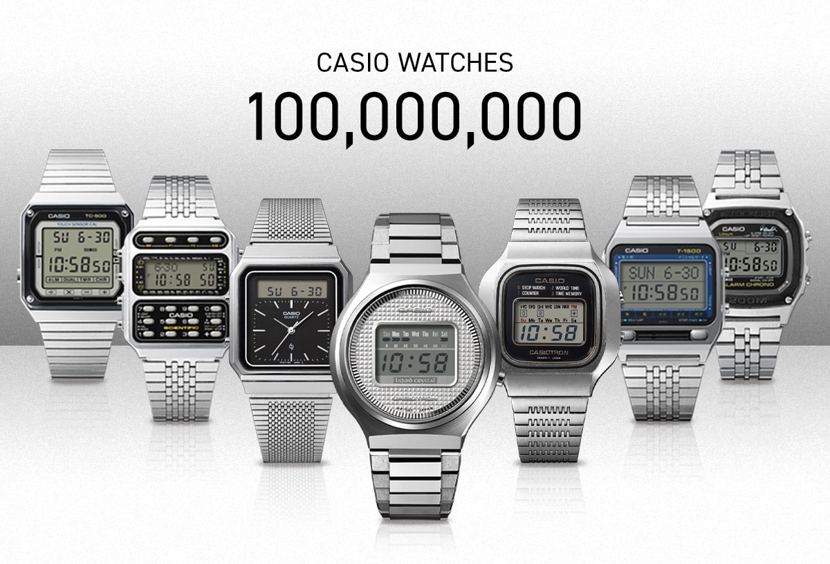 Zeven verschillende horloges van CASIO met zilverkleurige armbanden.
