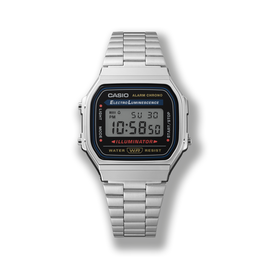 Het CASIO Vintage-polshorloge A168 met zilveren band en rechthoekig digitaal display.