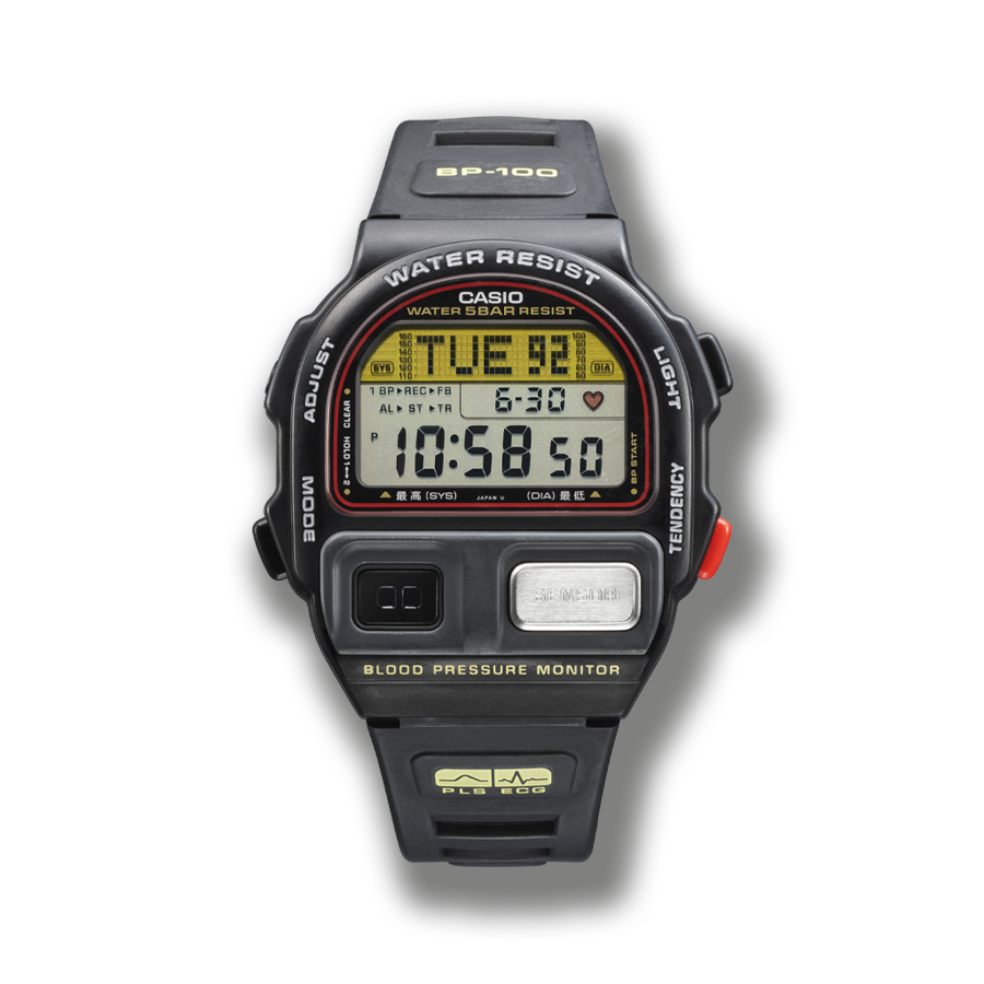 Het BP-100-polshorloge in stopwatchdesign met twee grote knoppen aan de voorkant, vier knoppen aan de zijkant en een afgeronde behuizing aan de bovenkant.