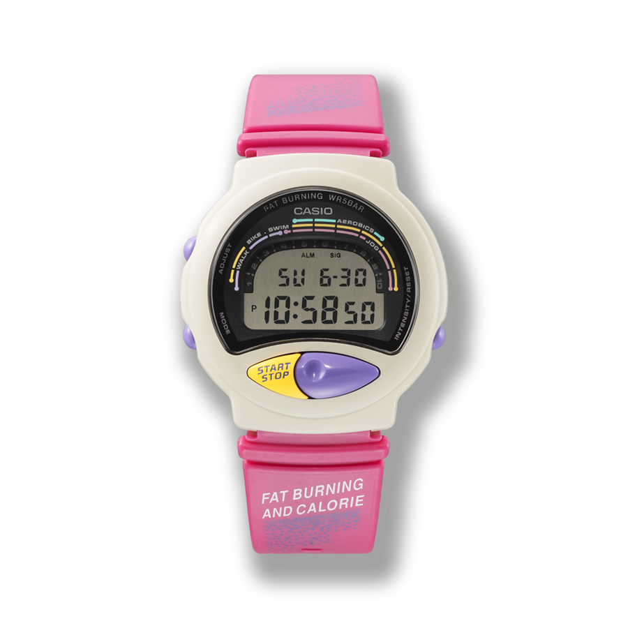 FBR-10W digitaal horloge met roze band en beige, ronde kast en een paarse en een gele knop aan de voorkant van de kast.